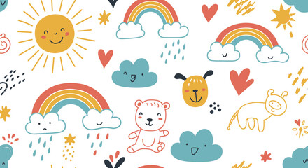Whimsical weather and animals vector illustration for kids' room decor in hand drawn style