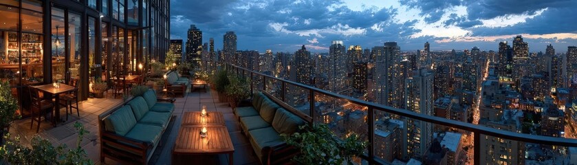 Witness a panoramic view of a bustling city skyline from a rooftop bar, capturing the vibrant lights and energy of urban life
