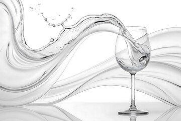 Water pouring into a wine glass with abstract fluid wave and droplets on white background