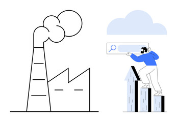 Industrial factory emitting smoke beside a man climbing buildings, holding a search bar. Ideal for ecology, industry, solution-finding, innovation, sustainability, business growth research. A simple