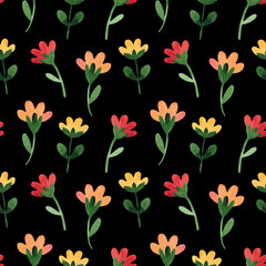 Seamless pattern of naive hand drawn bright red, orange, yellow flowers. Minimal floral background