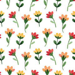 Seamless pattern of naive hand drawn bright red, orange, yellow flowers. Minimal floral background