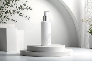 White cosmetic bottle with leaf design on a round platform with plants and minimalist background
