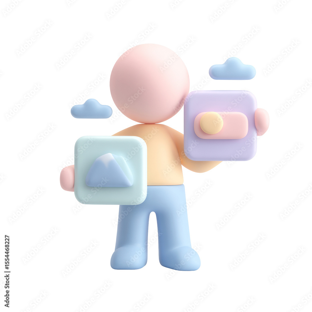 Poster 3d character holding graphic interface elements with abstract cloud background in soft pastel colors