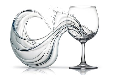 Wine Glass with Flowing Water Splash and Abstract Fluid Swirl on White Background