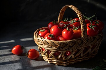 Wicker Basket Filled with Fresh Red Tomatoes on a Dark Gray Surface food