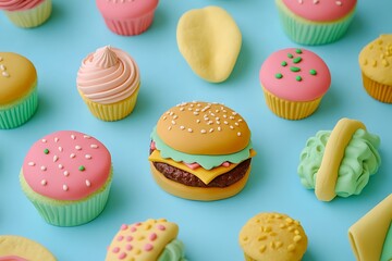 Clay burgers, tacos, and cupcakes in soft pastel pattern on blue 