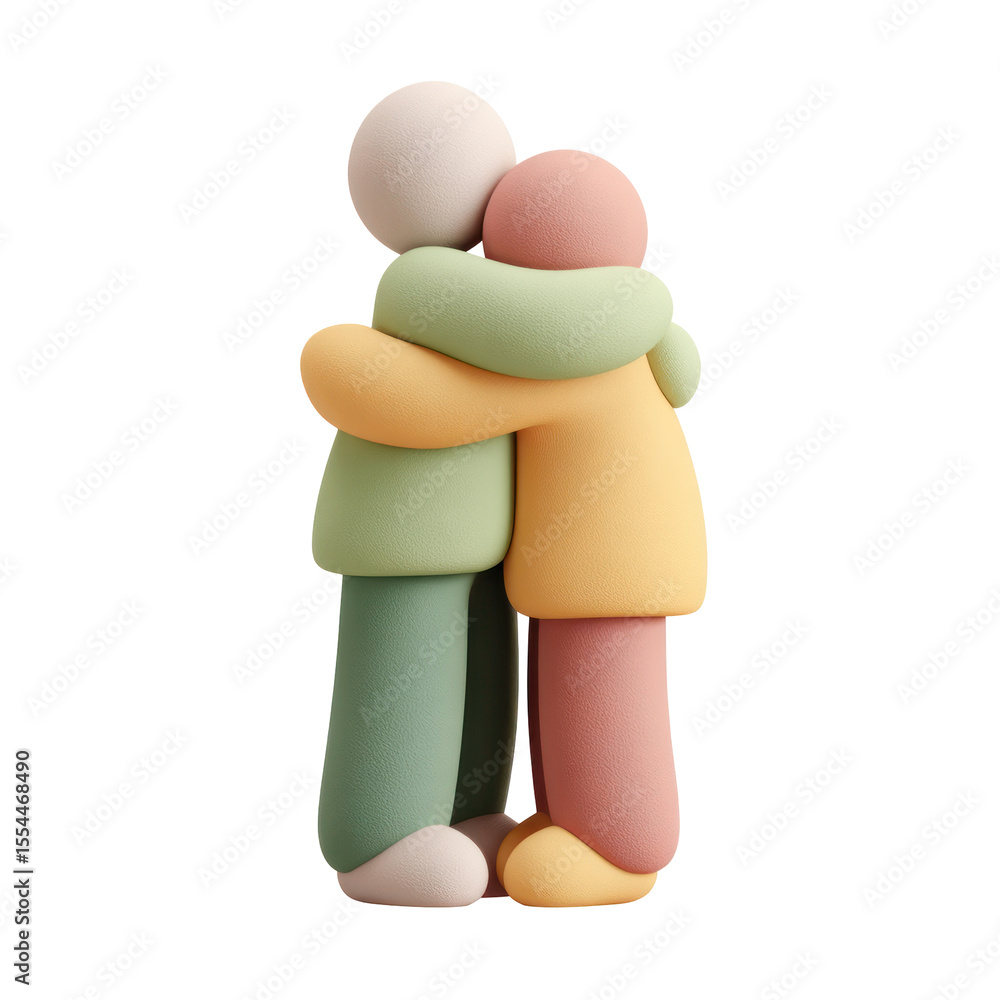 Poster two abstract characters embracing in soft colors representing love and connection in a minimalistic 