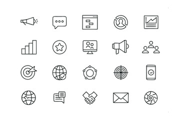 Digital Marketing Icons: A collection of minimalistic icons representing digital marketing and business concepts, perfect for websites, presentations, and marketing materials.