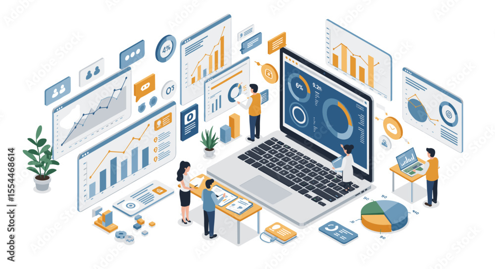 Poster data analysis concept vector illustration for business strategy and technology in isometric style