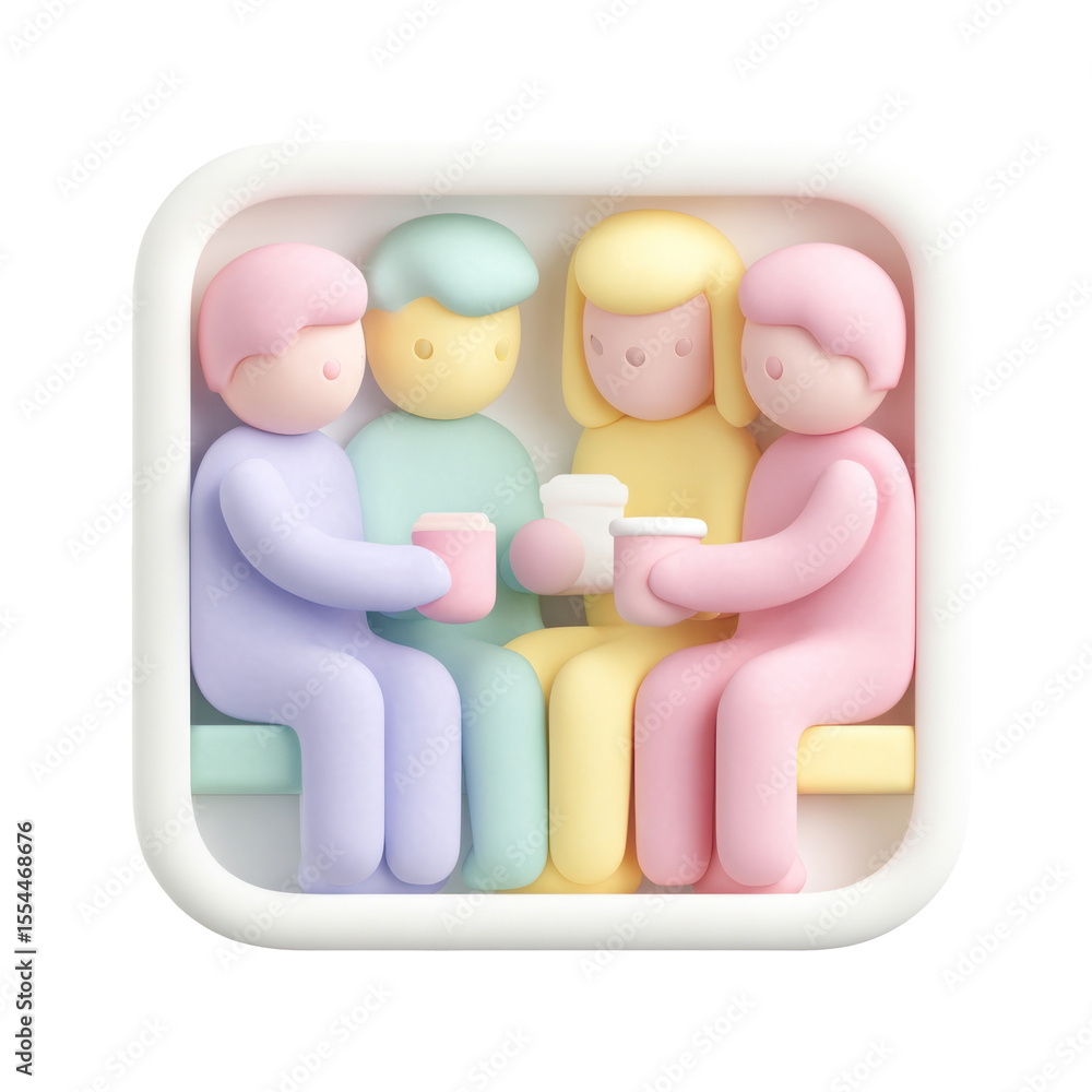 Poster colorful plasticine characters engaging in conversation over drinks in a playful setting