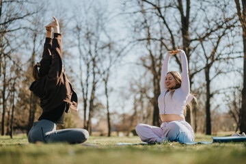 Women engage in outdoor yoga exercises on a grassy field. The backdrop of trees and clear skies...