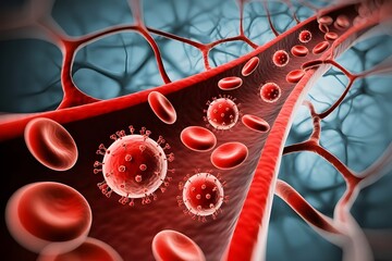 HIV Virus in Bloodstream – Medical 3D Illustration.Human Immunodeficiency Virus Flowing in Blood – Scientific Visualization.