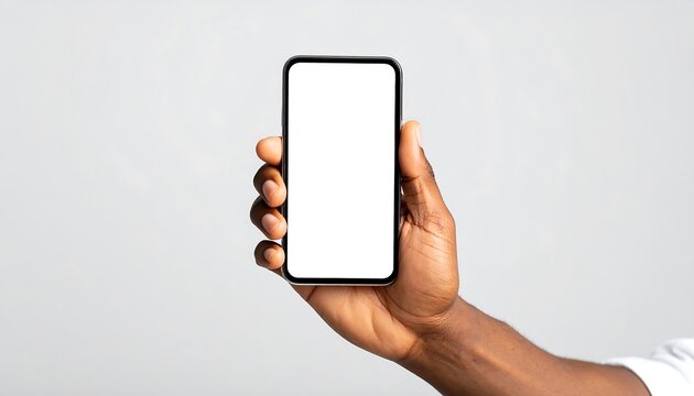 A Black person's hand is holding a mobile phone with blank white screen against a light background.