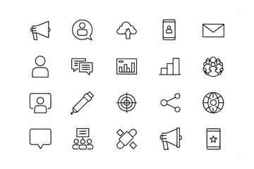 Communication and Data Icon Set: A comprehensive set of minimalist icons representing key aspects of communication, data, and marketing, perfect for digital platforms and design projects. 