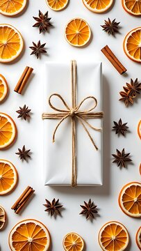A white gift box tied with twine sits in the center of a white surface surrounded by dried orange slices cinnamon sticks and star anise