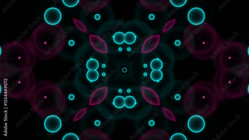 Poster neon kaleidoscope lines loop on dark background. seamless loop of glowing neon lines forming kaleido