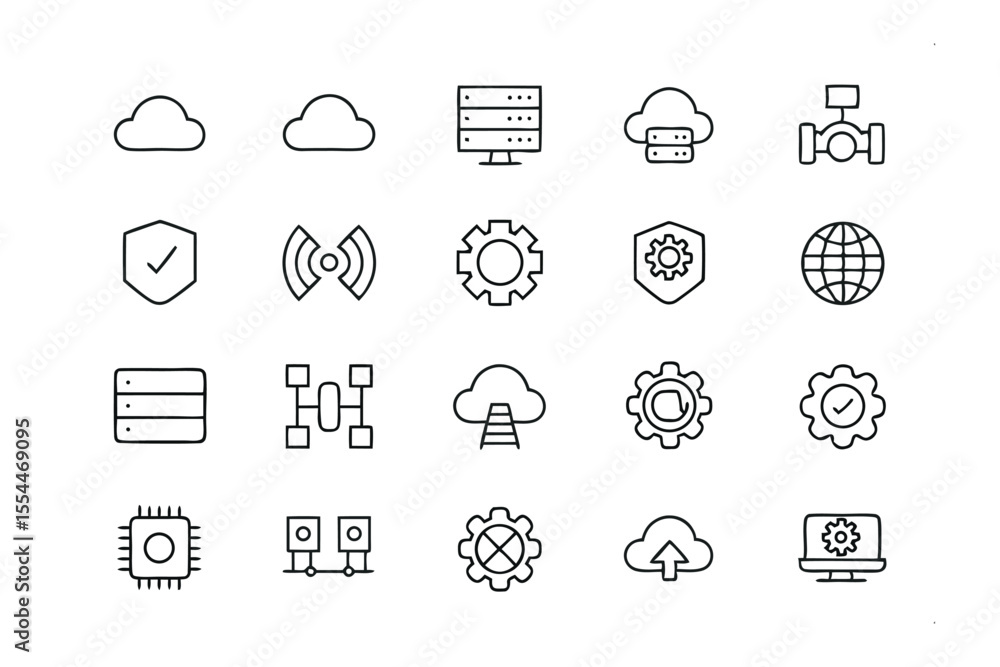 Poster digital cloud icons: a collection of modern, sleek cloud and technology related icons, symbolizing v