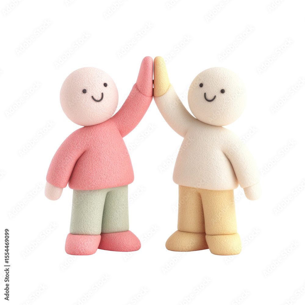 Poster two creative abstract characters high-fiving in soft pastel colors symbolizing friendship and teamwo