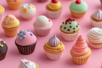 Clay cupcakes, pies, and ice cream cones arranged on pink surface 