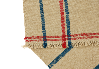 Isolated Corner Section of Burlap Cloth with Red and Blue Stripes and Fringed Edges