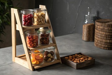 Wooden ladder shelf with glass jars filled with fruits nuts and a wooden tray on gray surface
