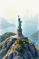 Pixel Art Statue of Liberty on Island with City Skyline in Hazy Sunlight