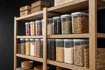 Wooden pantry shelves filled with clear containers holding various food items and ingredients