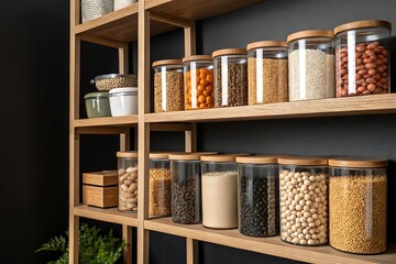 Wooden Pantry Shelves with Glass Jars Filled with Various Grains and Legumes Against Dark Wall