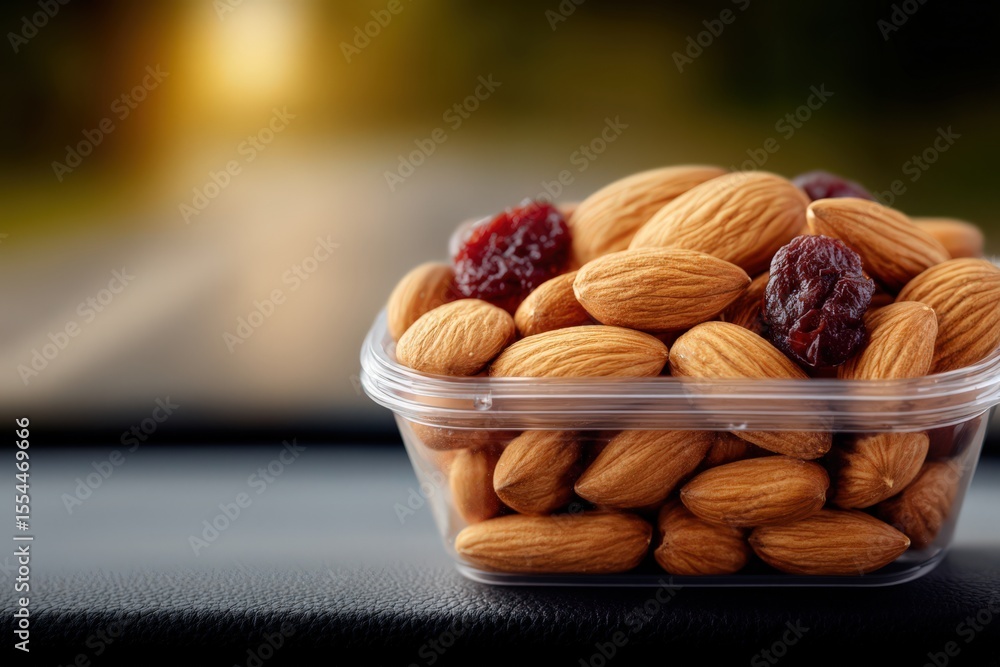 Poster healthy snacking made easy with a container of almonds and dried cranberries on a car dashboard duri