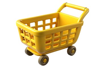 Yellow plastic shopping cart illustration with brown wheels isolated on white background