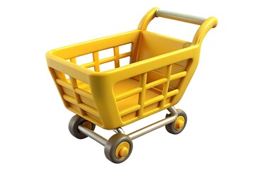 Yellow plastic shopping cart illustration with gray wheels and handle isolated on white background