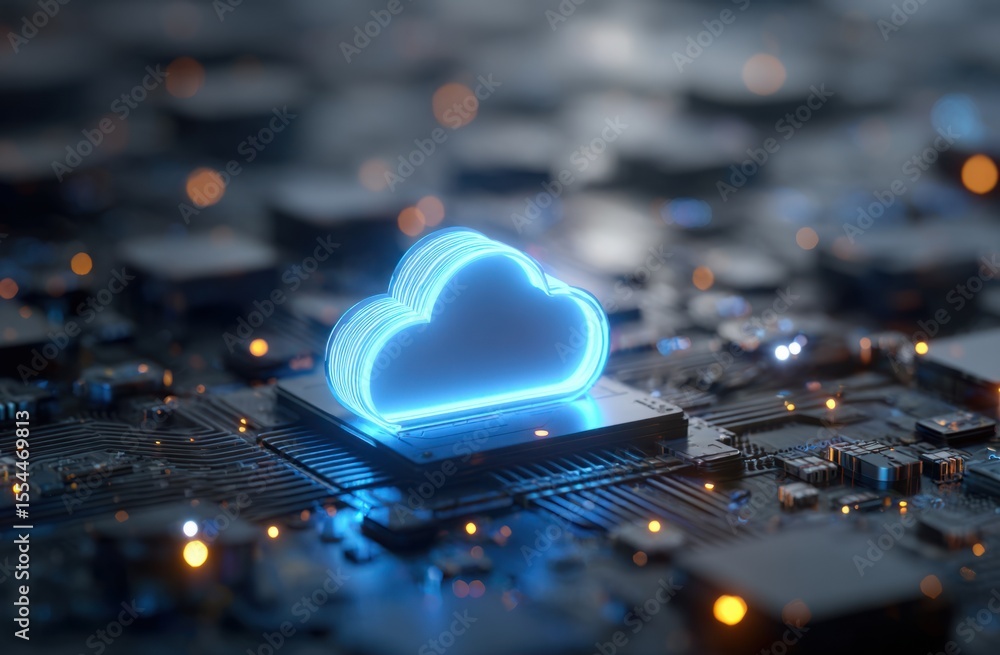 Poster glowing blue cloud symbol on a futuristic circuit board, representing advanced cloud computing techn