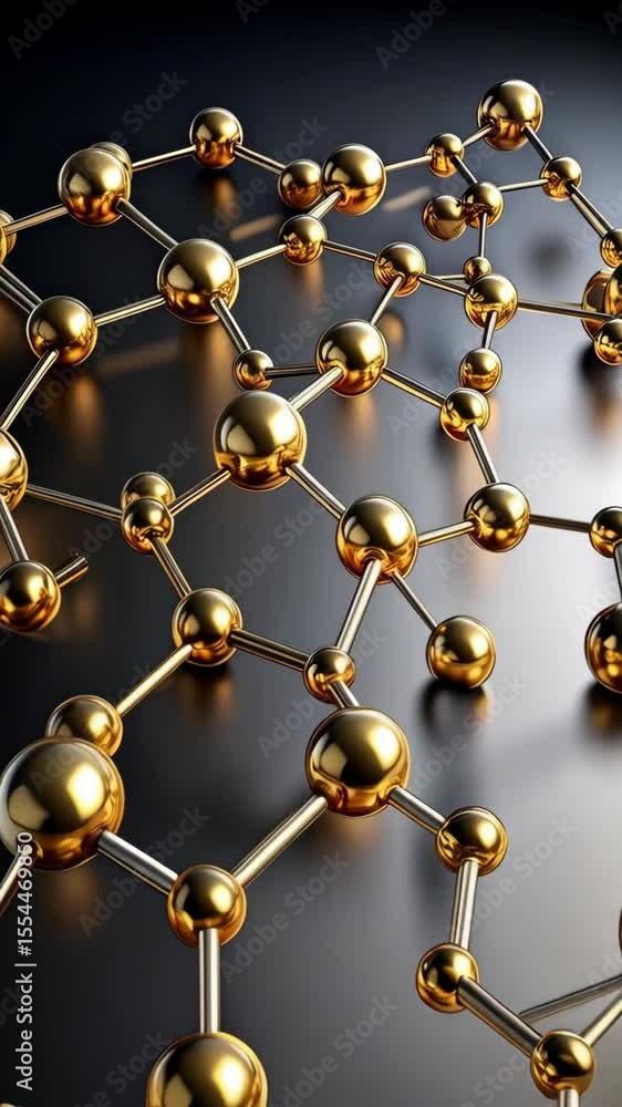 Poster golden network structure of interconnected spheres and rods against a dark reflective background, cr