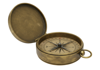 Isolated Antique Brass Compass with Open Lid Showing Directional Markings