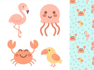 Cute Cartoon Sea Animals Pattern with Flamingo, Jellyfish, Crab, Seabird - Colorful Vector