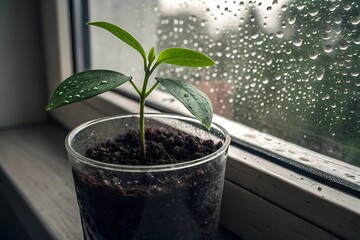 Young plant in clear pot with water droplets on leaves near a rain-covered window
