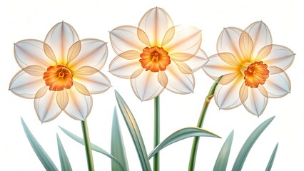 Fototapeta premium Three Translucent Daffodils with Orange Centers on a White Background