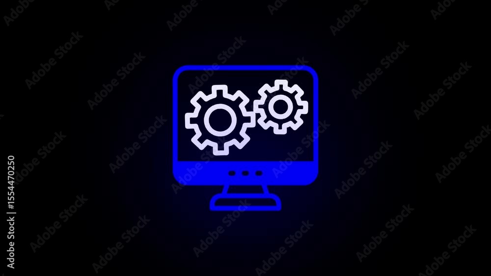 Poster animated neon computer monitor with cogwheel icons on a dark black background