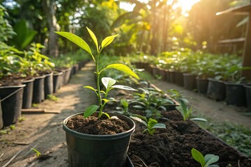 Young plant seedling in a black pot with green leaves in a garden setting sunlight