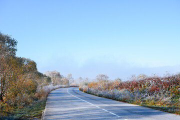 Winding foggy road in frosty air leads through autumn countryside at sunrise. Fall landscape with...