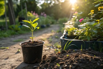 Young plant seedling in a black pot with soil in a garden setting sunlight shining