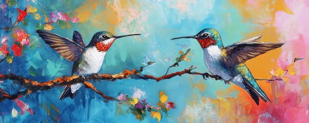 Hummingbird Bird on Branch Painting