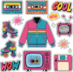 A vibrant collection of 90s inspired retro stickers clip art, perfect for your nostalgic projects