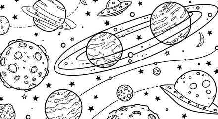 Space adventure vector illustration, black and white, hand drawn style, design for print, poster, or coloring book