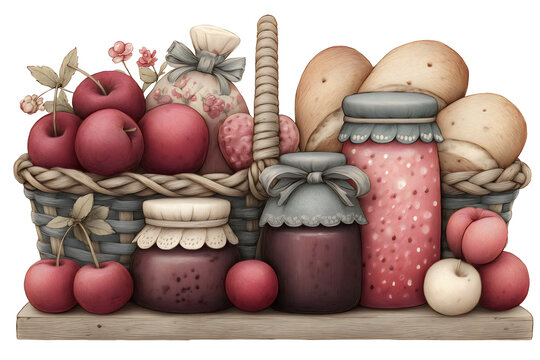 basket of red apples, jam, bread, still life clip art preview