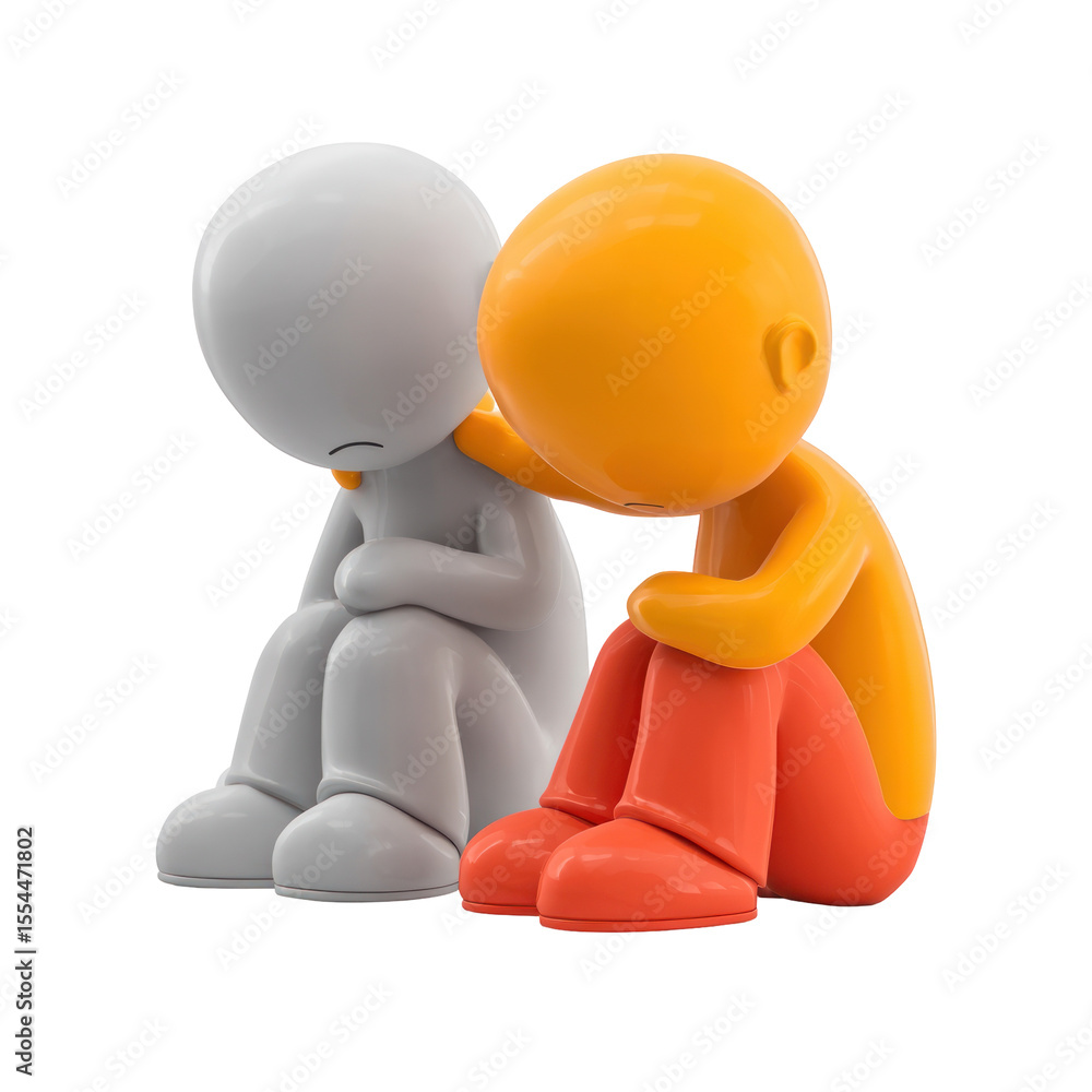 Poster two cartoon figures representing comfort and support during difficult times in a colorful and expres