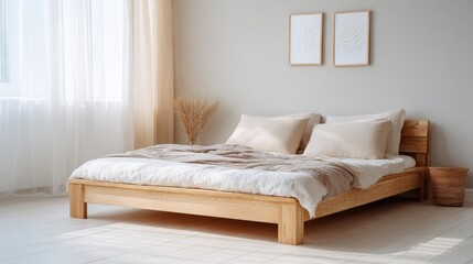 Cozy wooden bed with soft bedding and decorative pillows in a bright, airy bedroom featuring natural light, minimalistic decor, and framed artwork on the wall, creating a serene atmosphere for relax