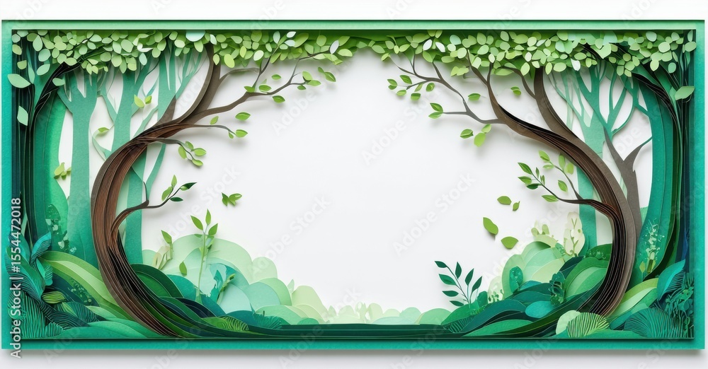 Poster papercraft forest scene. trees form archway, lush greenery surrounds blank space. detailed layers cr