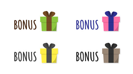 set of stickers with bonuses with a pattern of gift boxes in different colors on a white background
